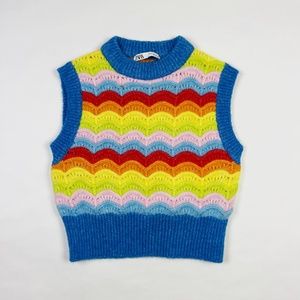 Zara Wool Alpaca Blend Rainbow Multicolor Sleeveless Stretch Knit Sweater Small